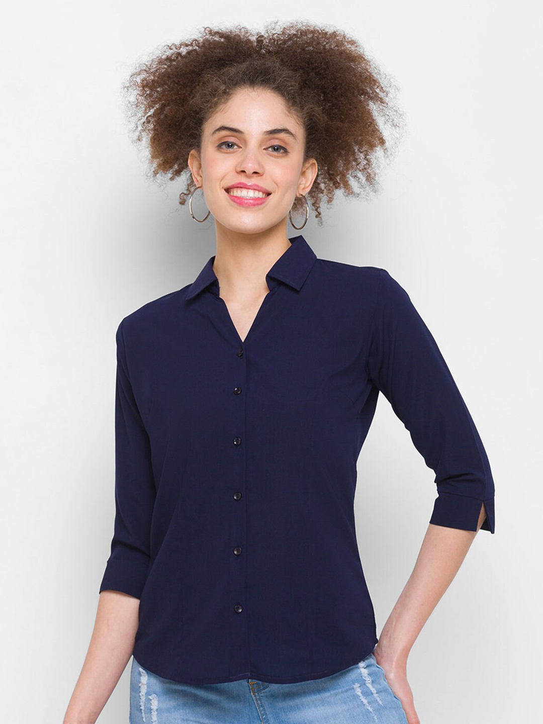 

ZOLA Navy Blue New Spread Collar Three-Quarter Sleeves Formal Shirt