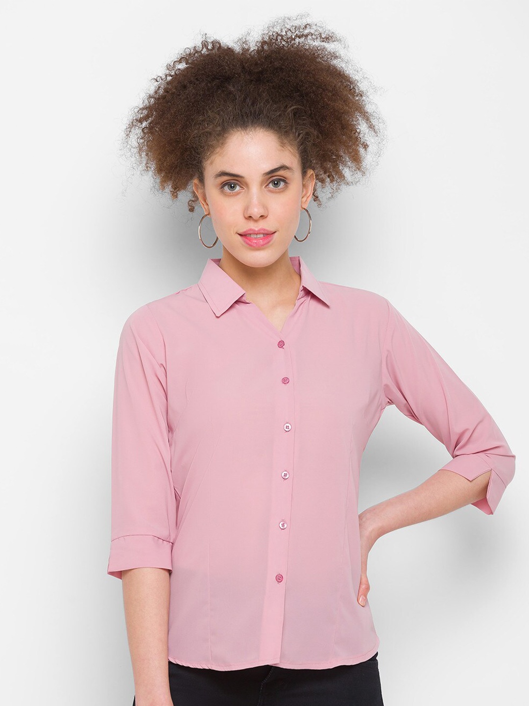 

ZOLA Pink New Spread Collar Three-Quarter Sleeves Formal Shirt