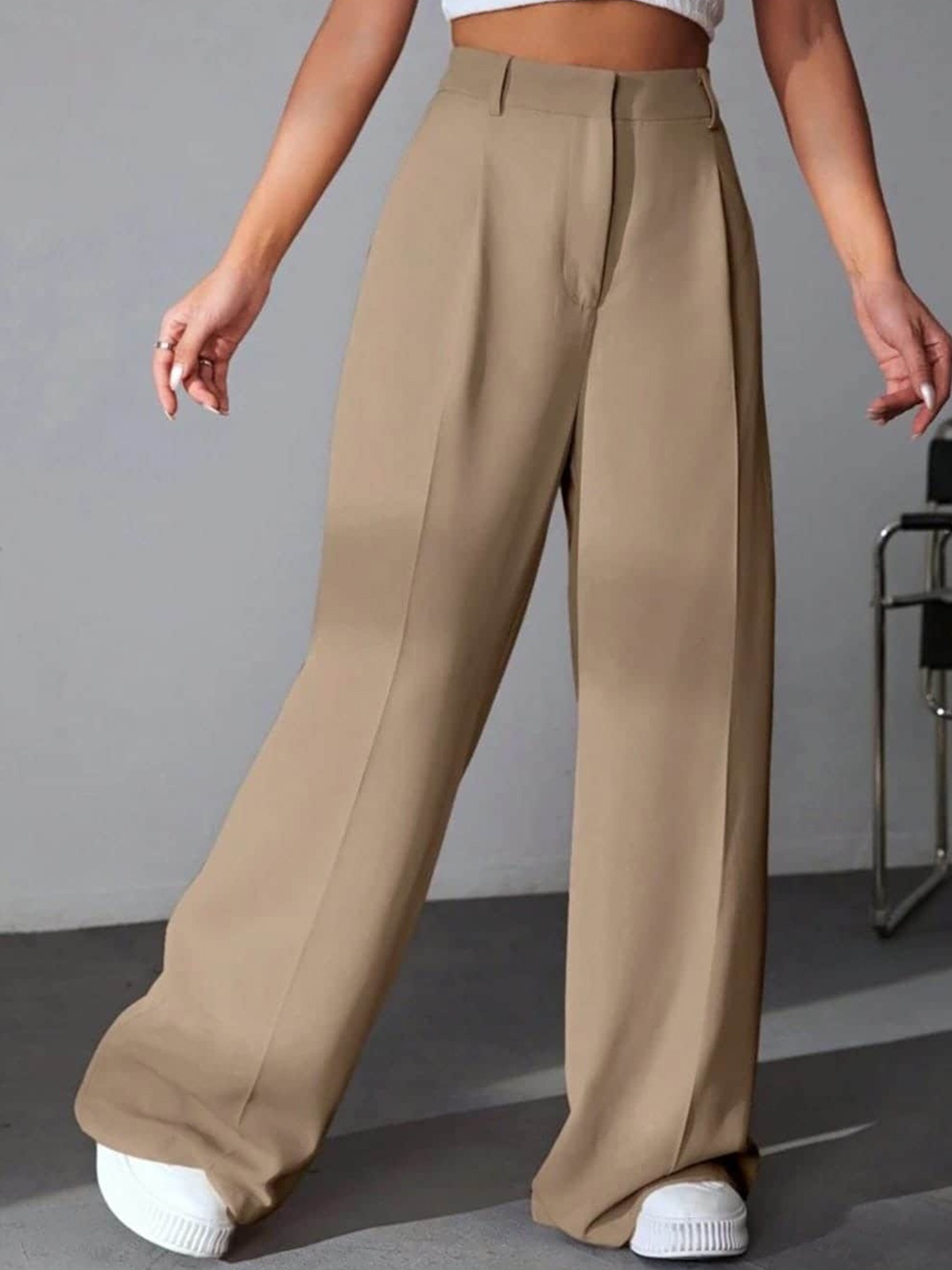 

Next One Women High-Rise Pleated Korean Trousers, Beige