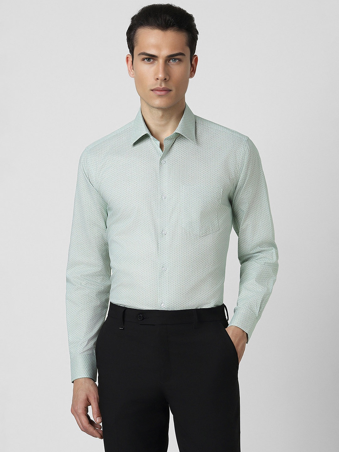 

Van Heusen Self Design Textured Spread Collar Pure Cotton Formal Shirt, Green