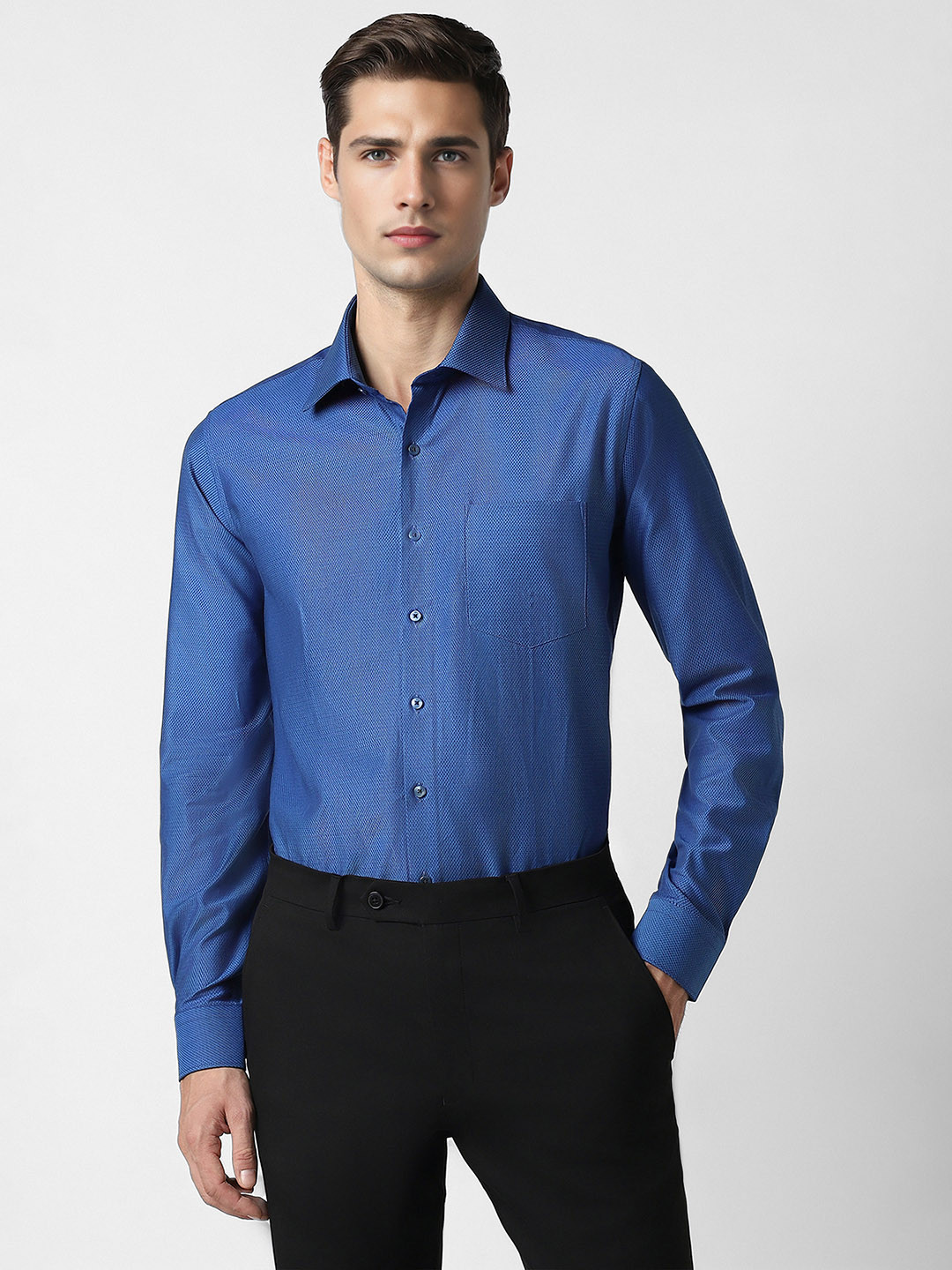 

Van Heusen Slim Fit Textured Self Design Spread Collar Pure Cotton Shirt, Blue