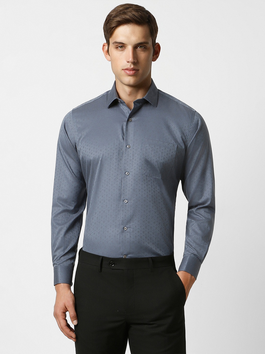 

Van Heusen Textured Self Design Slim Fit Pure Cotton Formal Shirt, Grey