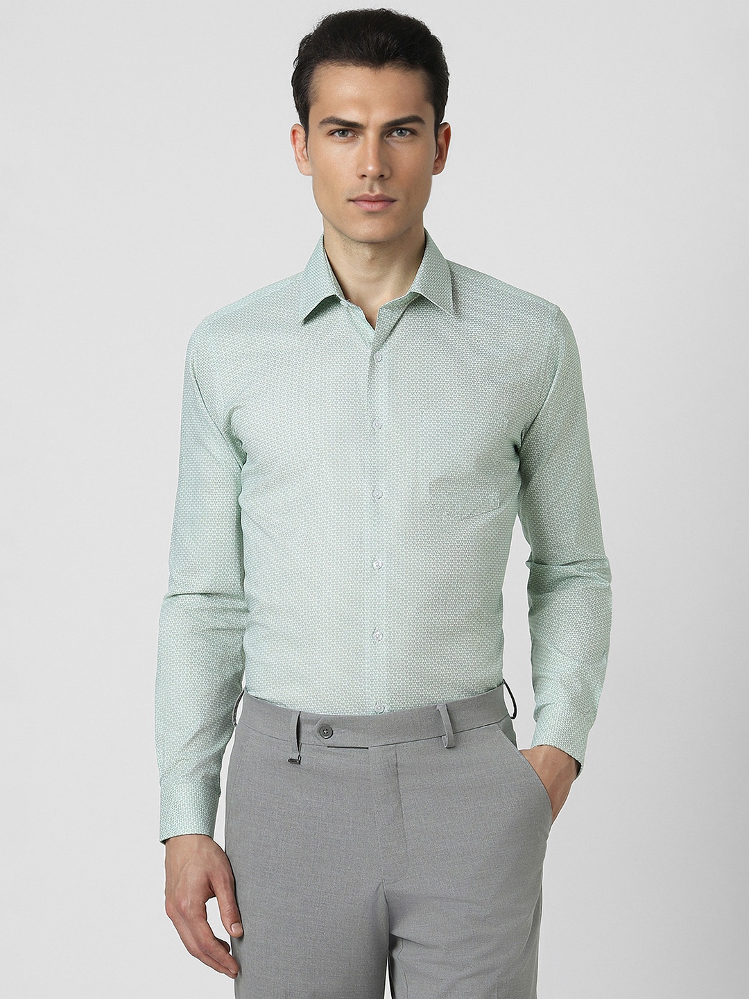 

Van Heusen Slim Fit Textured Self Design Spread Collar Pure Cotton Formal Shirt, Green