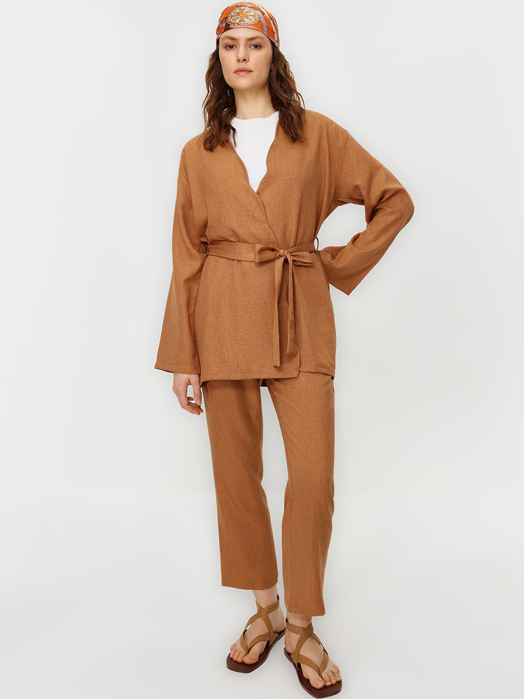 

Trendyol V-Neck Wrap Top With Trousers, Brown