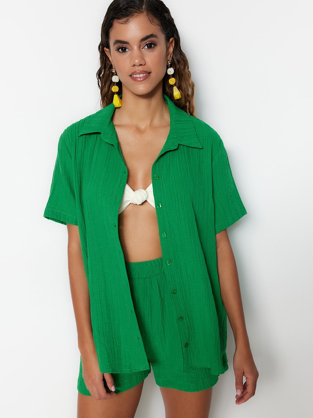

Trendyol Short Sleeves Collar Shirt With Shorts Co-Ords, Green