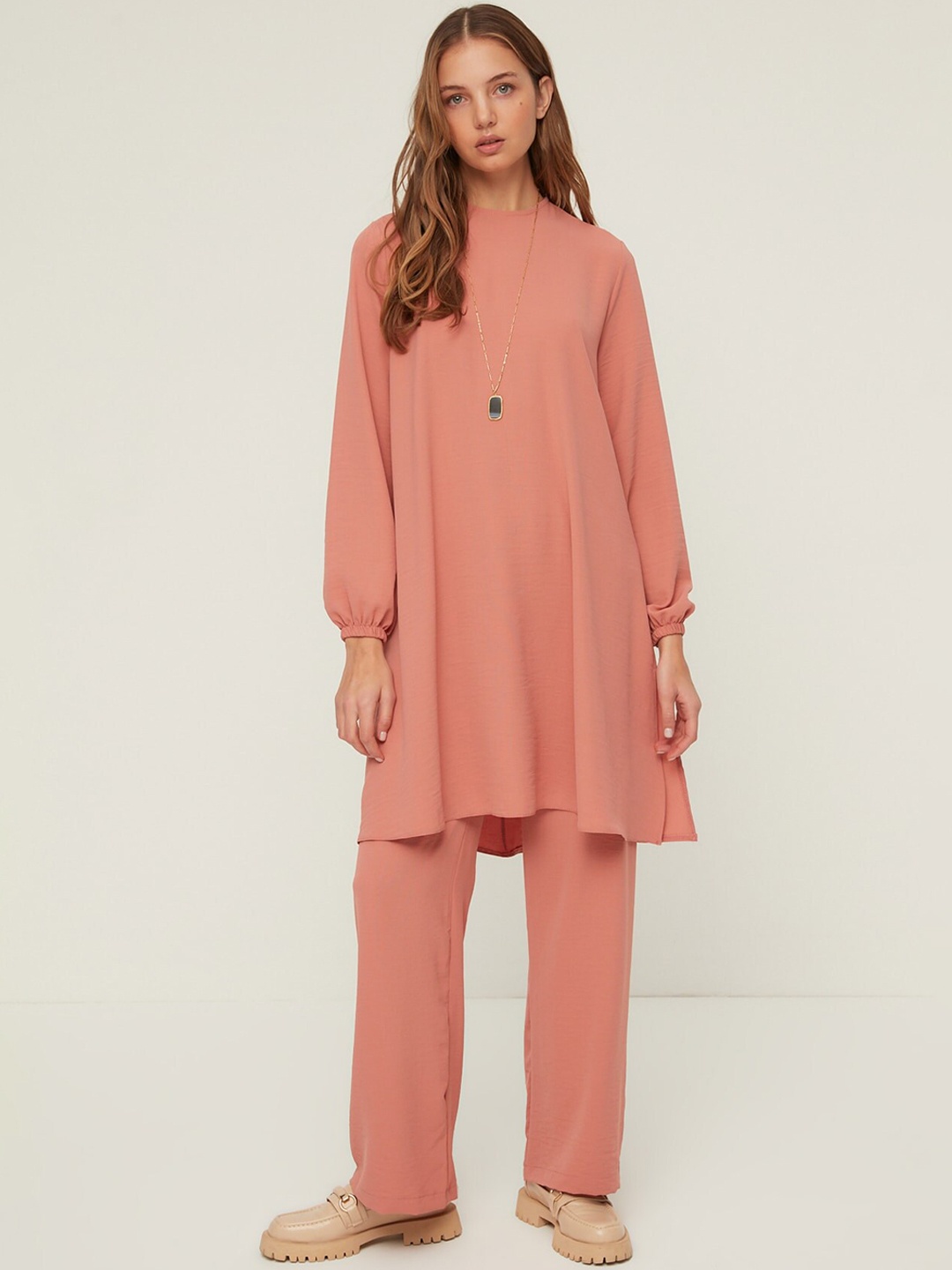 

Trendyol Round Neck Longline Tunic With Trousers, Peach