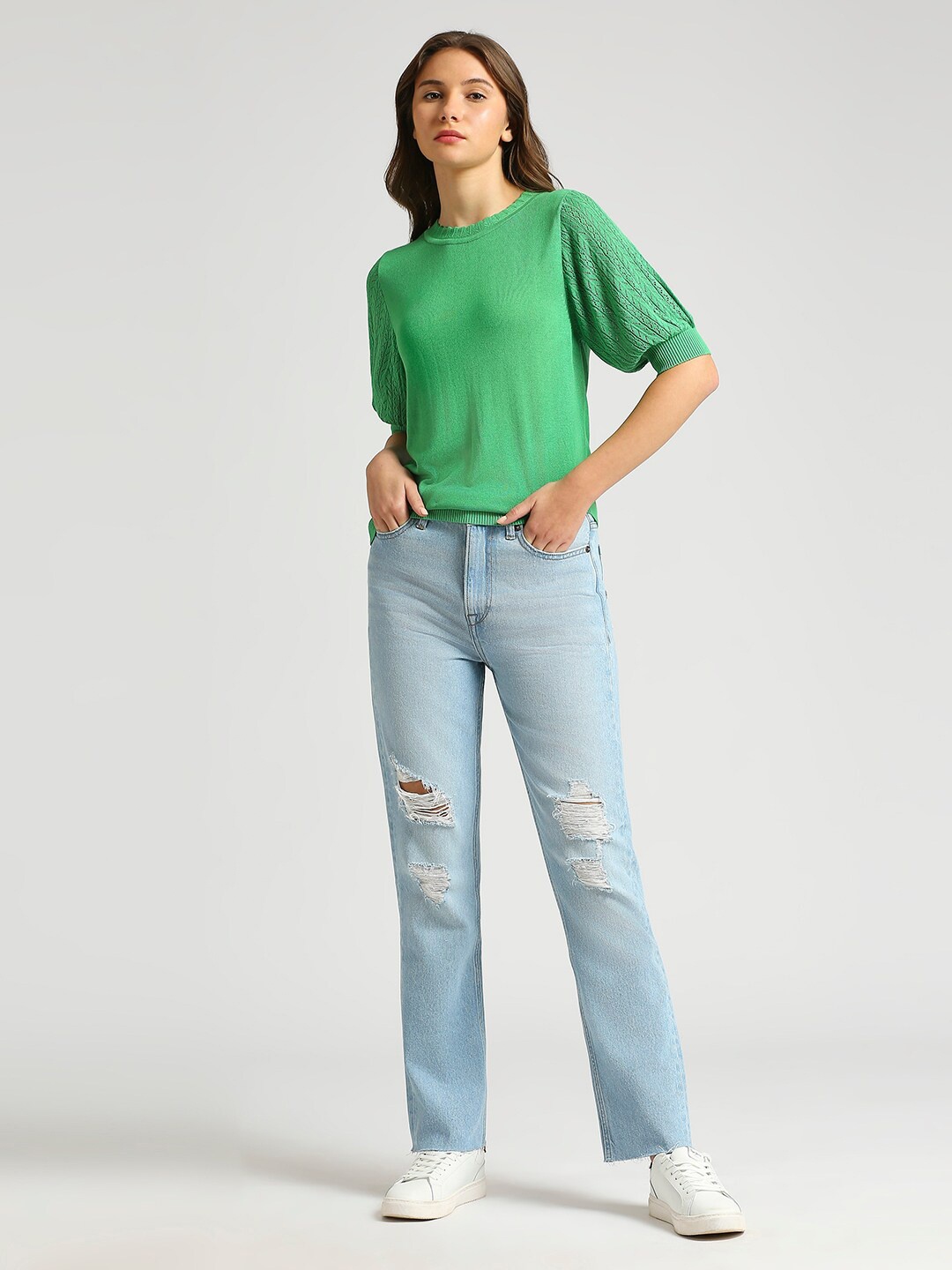 

Pepe Jeans Self Design Cuffed Sleeves Top, Green