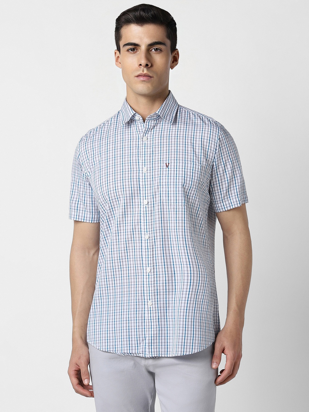 

Van Heusen Sport Slim Fit Checked Pure Cotton Casual Shirt, Blue
