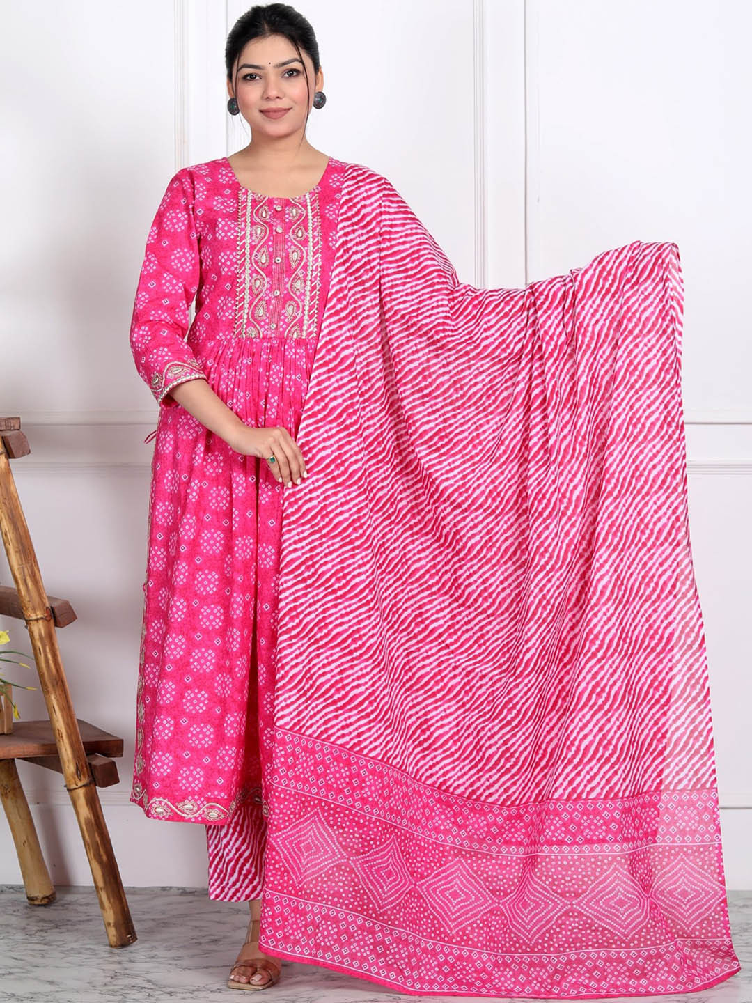 

Swasti Floral Printed Pure Cotton Empire Anarkali Kurta With Trouser & Dupatta, Pink