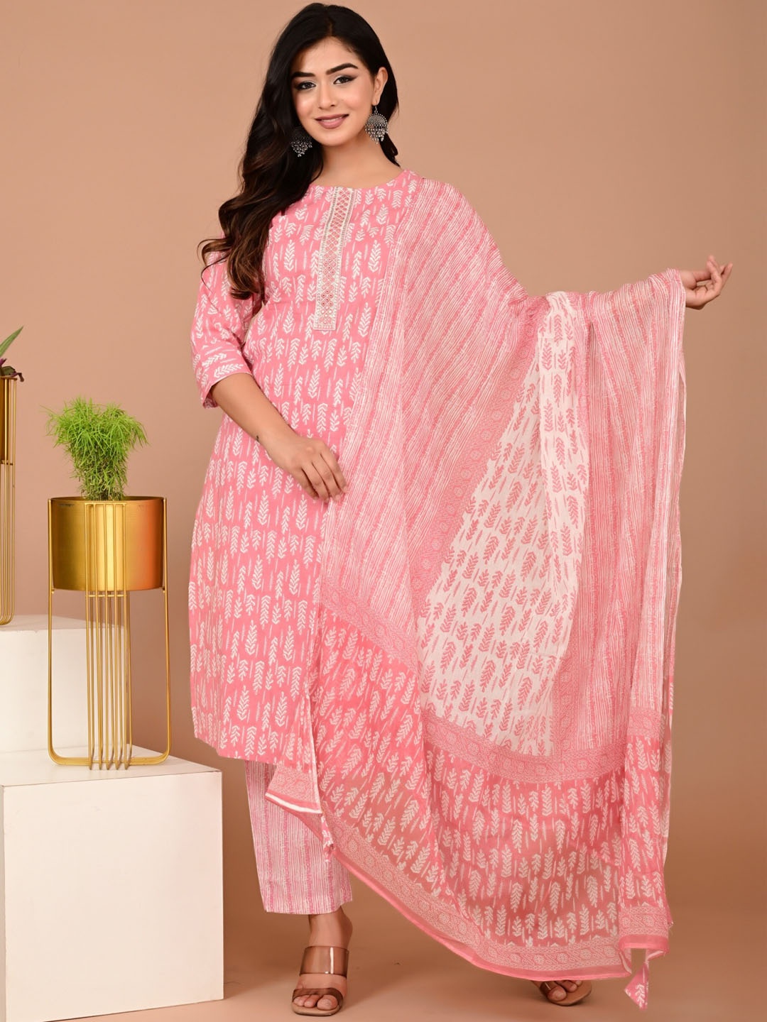 

INDYES Ethnic Motifs Printed Mirror Work Pure Cotton Straight Kurta With Trouser & Dupatta, Pink