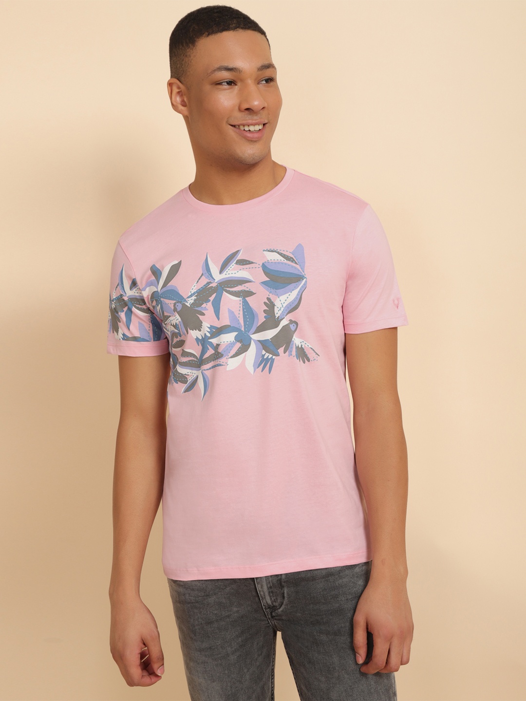Allen Solly Graphic Printed Round Neck Cotton Slim Fit T-shirt, Pink