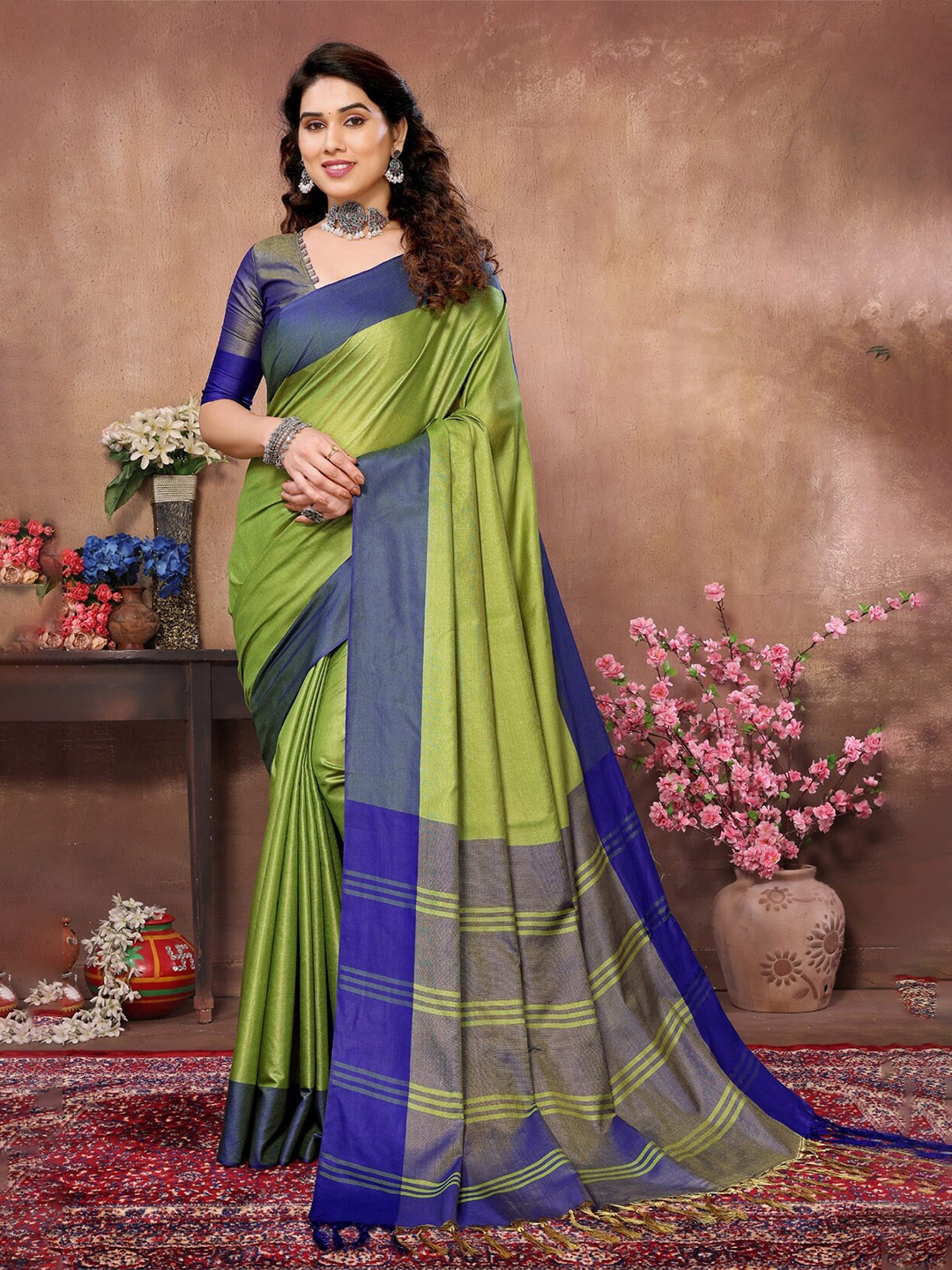 

vj fashion Woven Design Zari Saree With Tassels, Olive