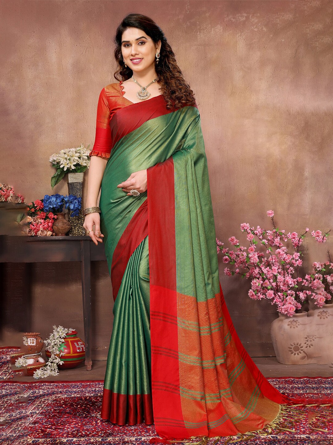 

vj fashion Woven Design Zari Saree, Green