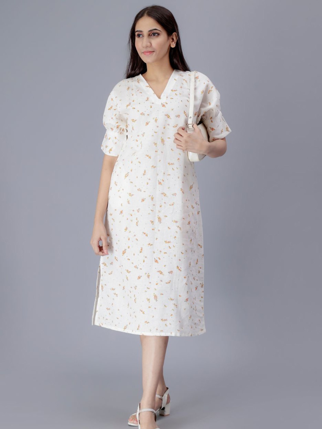 

BAESD Floral Printed Cotton A-Line Cuffed Sleeves Midi Dress, White