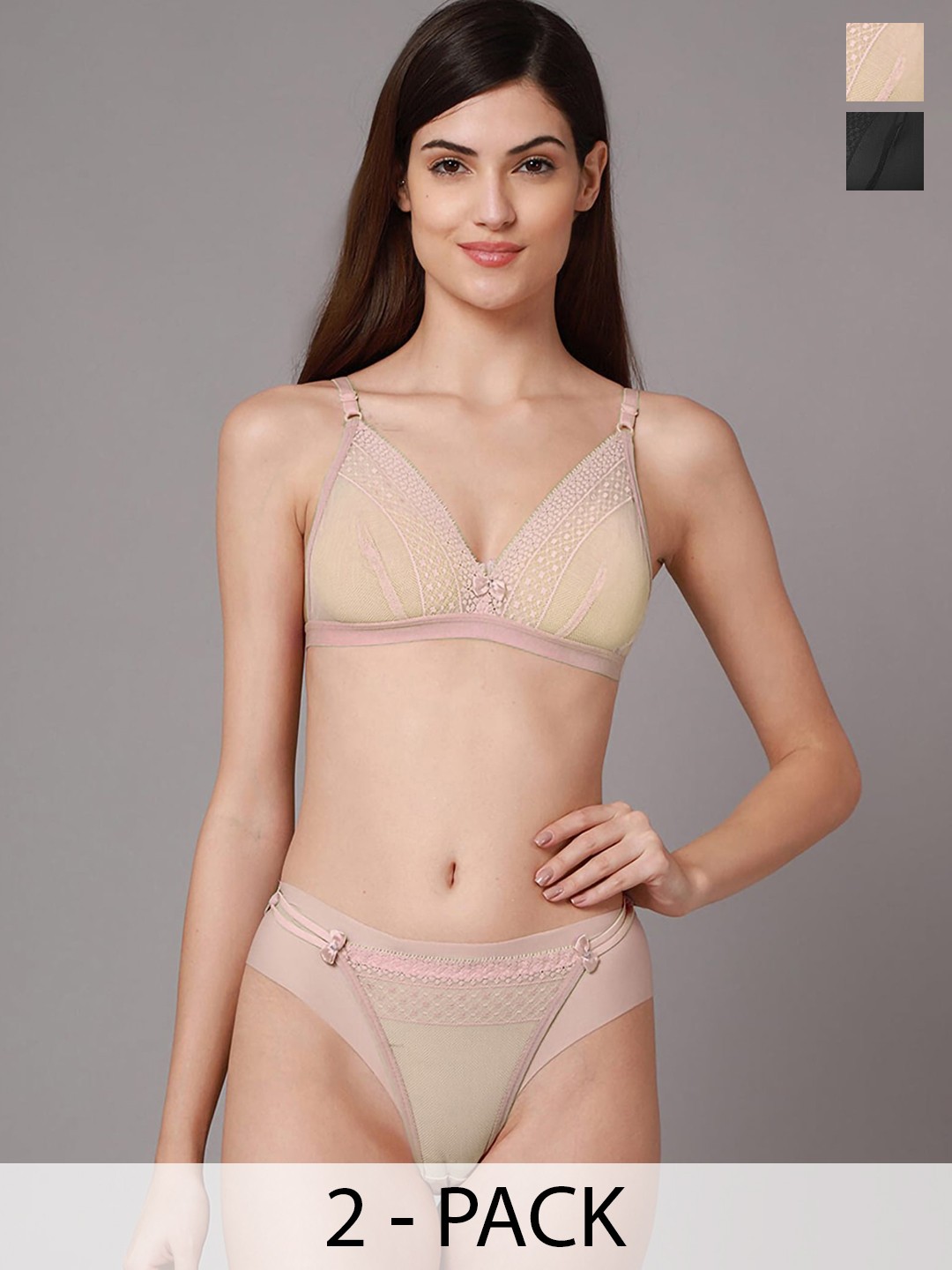 

AROUSY Pack Of 2 Lace Detail Non Padded Bra & Mid-Rise Bikini, Black