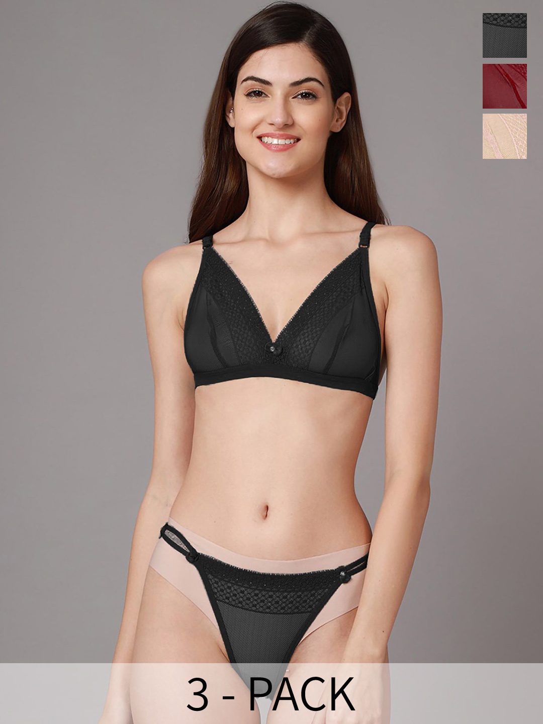 

AROUSY Pack Of 3 Lace Detail Non Padded Bra & Mid-Rise Bikini, Black