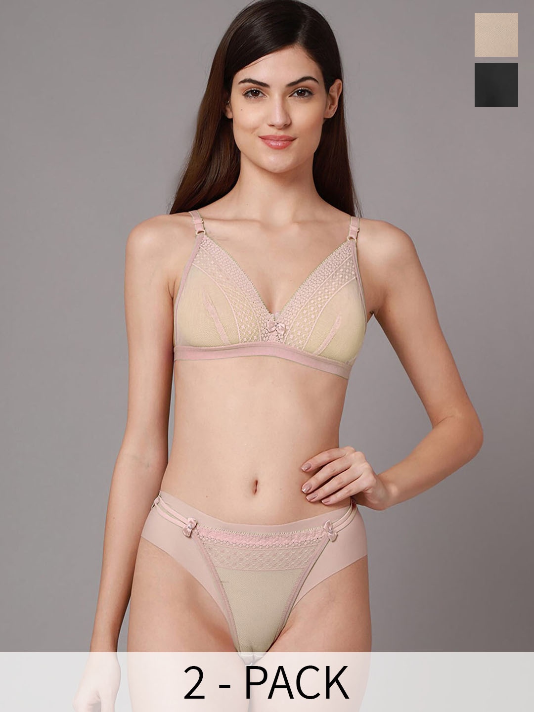 

AROUSY Pack Of 2 Lace Detail Non Padded Bra & Mid-Rise Bikini, Green