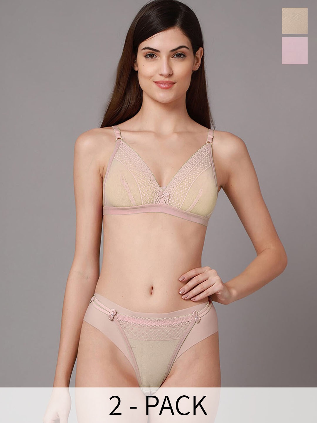 

AROUSY Pack Of 2 Lace Detail Non Padded Bra & Mid-Rise Bikini Briefs, Pink