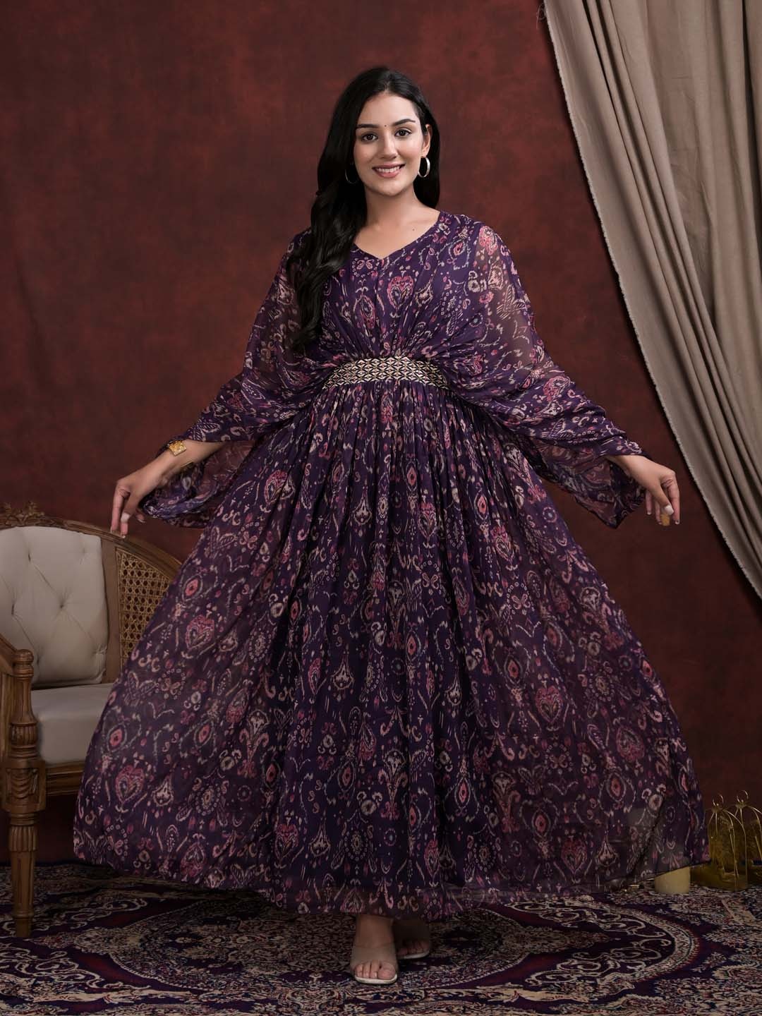 

Meena Bazaar Ethnic Motifs Printed Batwing Sleeves Embellished Georgette Fit & Flare Dress, Purple