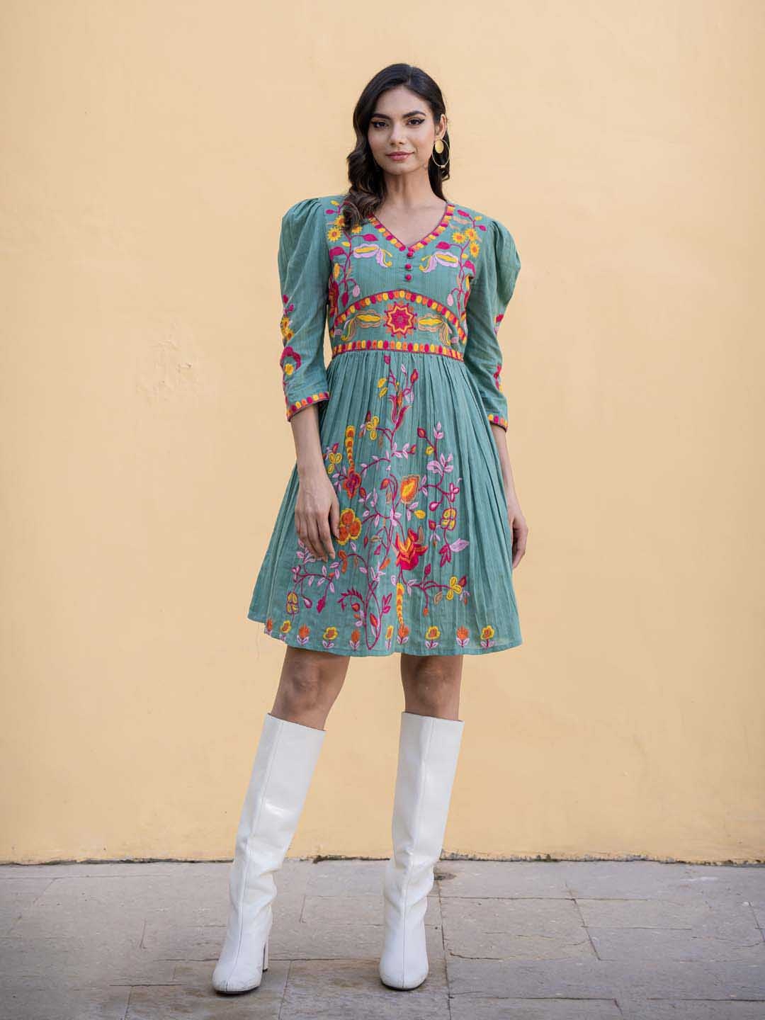 

Meena Bazaar Ethnic Motifs Embroidered Fit & Flare Dress, Sea green
