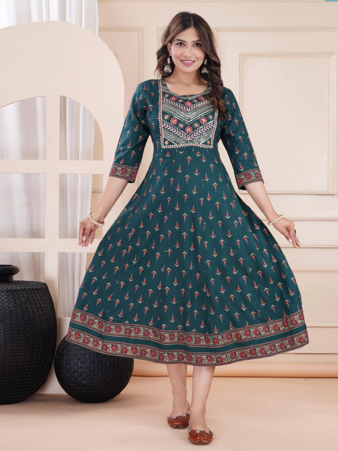 

Meena Bazaar Ethnic Motifs Printed Embellished Fit & Flare Ethnic Dress, Green