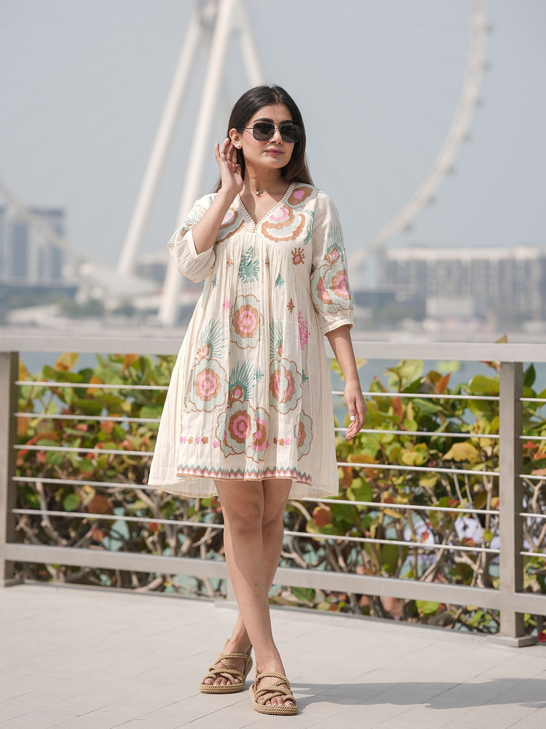 

Meena Bazaar Floral Embroidered V-Neck Cotton A-Line Dress, Cream
