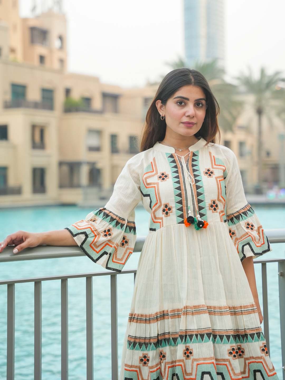 

Meena Bazaar Print Bell Sleeve A-Line Dress, Cream
