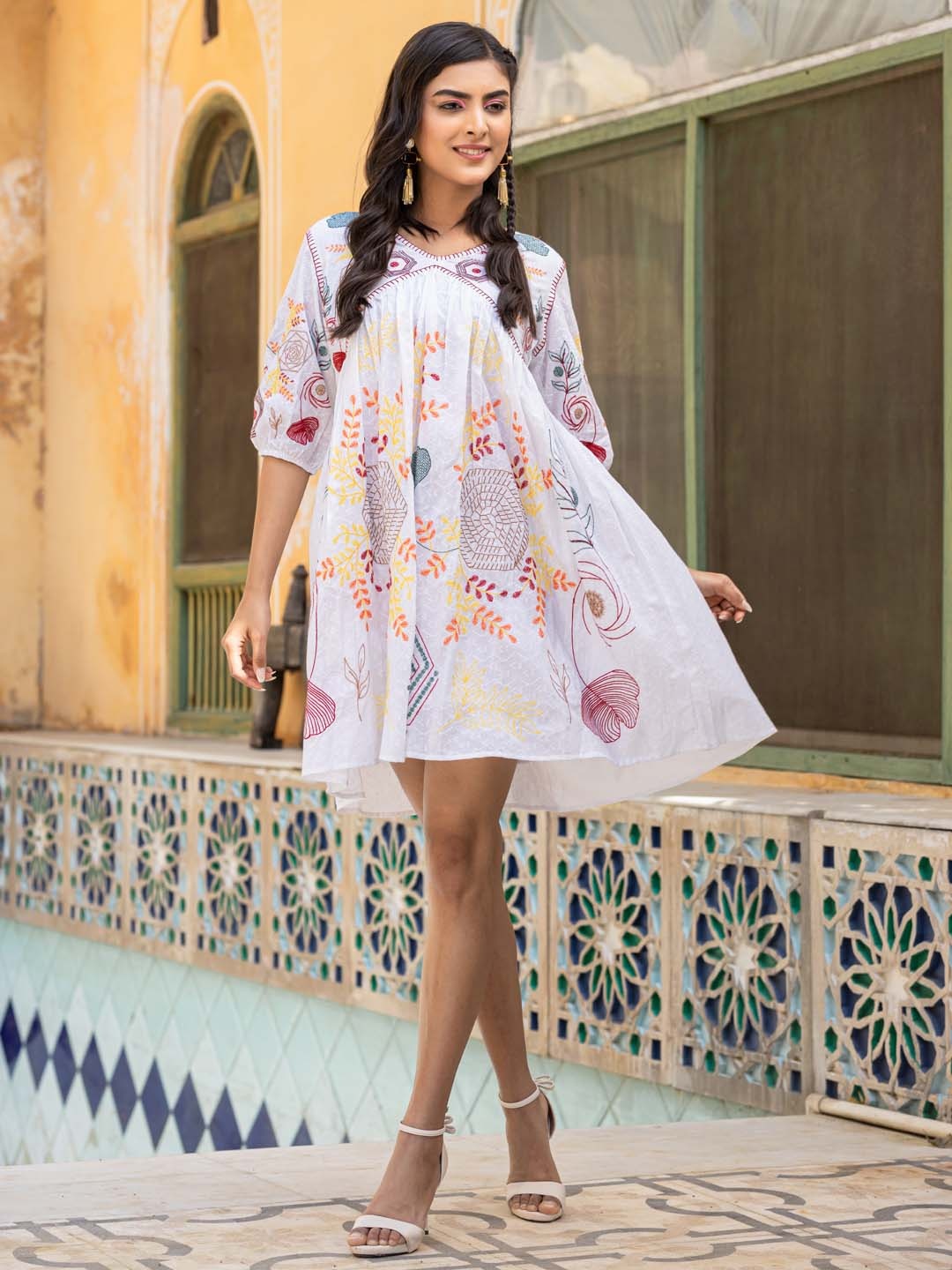 

Meena Bazaar Geometric Printed V-Neck Embroidered Cotton Empire Dress, White