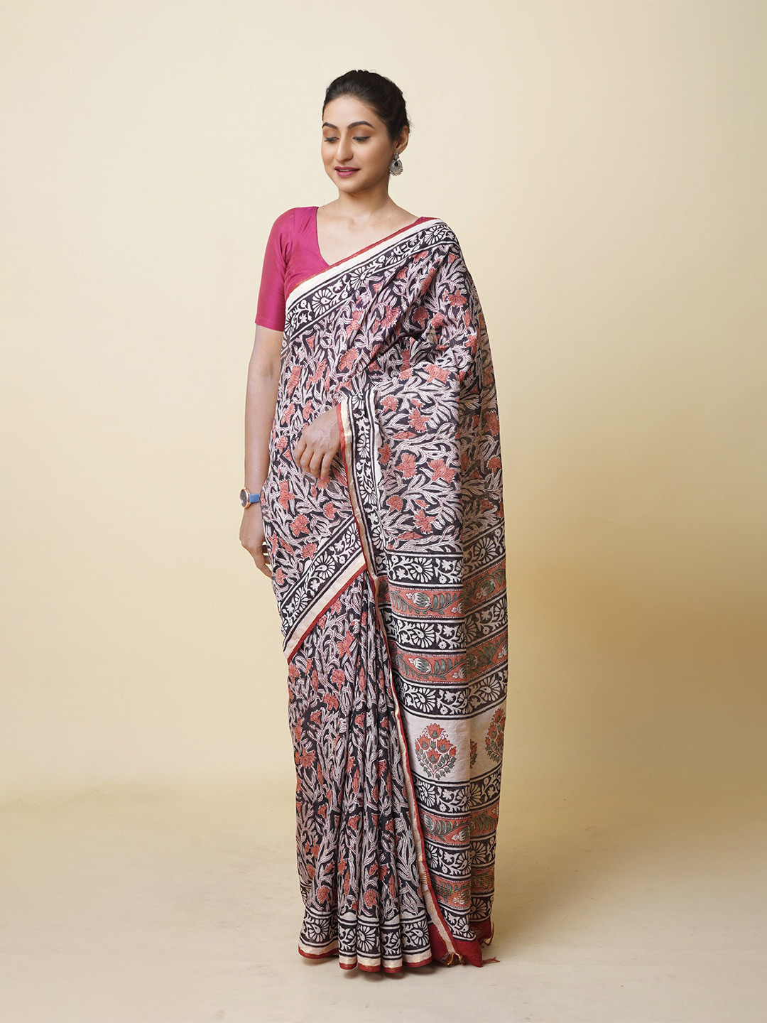 

Unnati Silks Ethnic Motifs Printed Handloom Chanderi Saree, Black