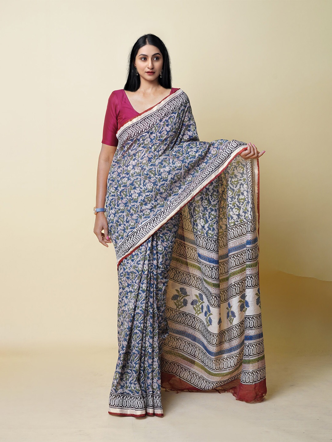 

Unnati Silks Ethnic Motifs Handloom Chanderi Saree With Tassels, Blue