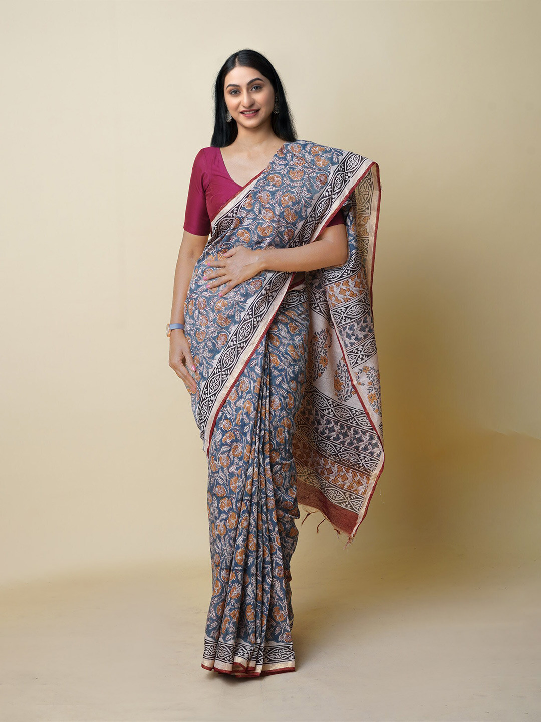 

Unnati Silks Ethnic Motifs Handloom Chanderi Saree With Tassels, Grey