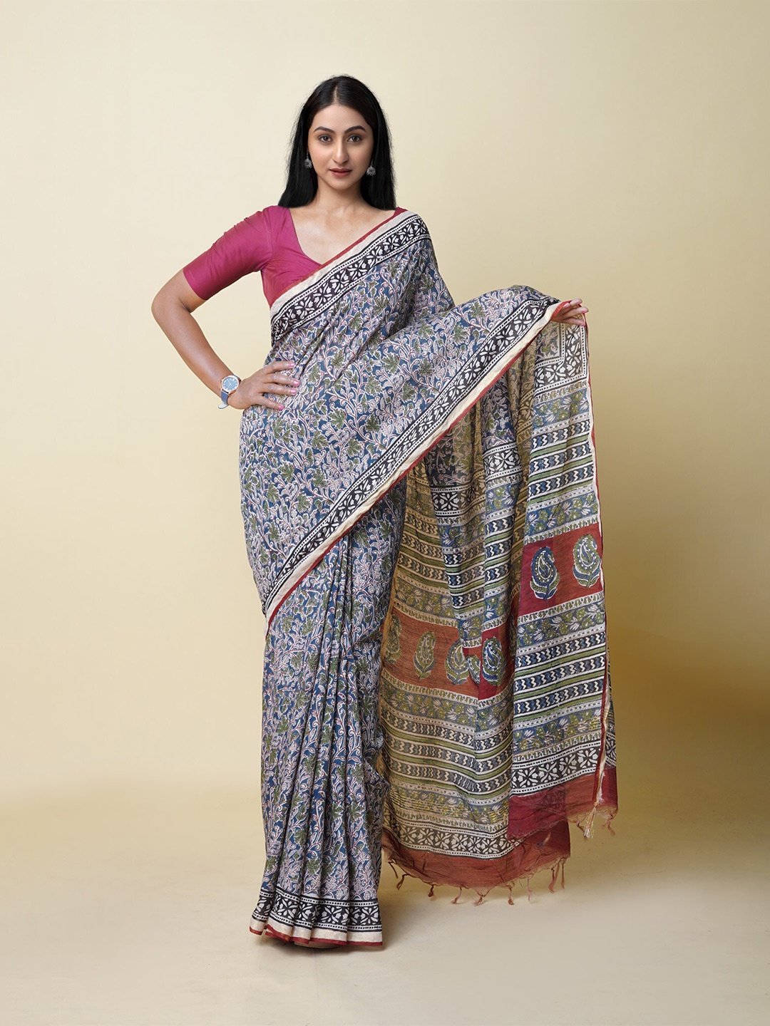 

Unnati Silks Floral Printed Handloom Chanderi Saree, Blue