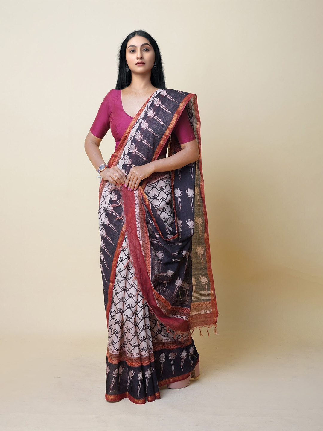 

Unnati Silks Floral Zari Printed Handloom Chanderi Saree, Beige