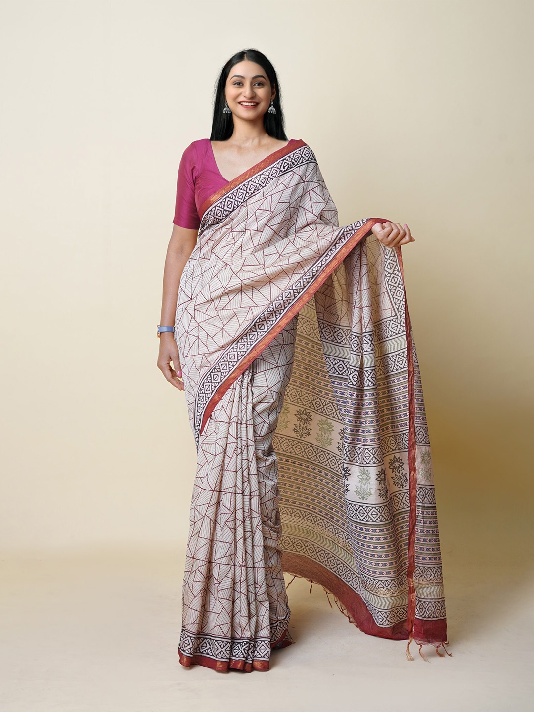 

Unnati Silks Ethnic Motifs Printed Zari Handloom Chanderi Saree, Cream