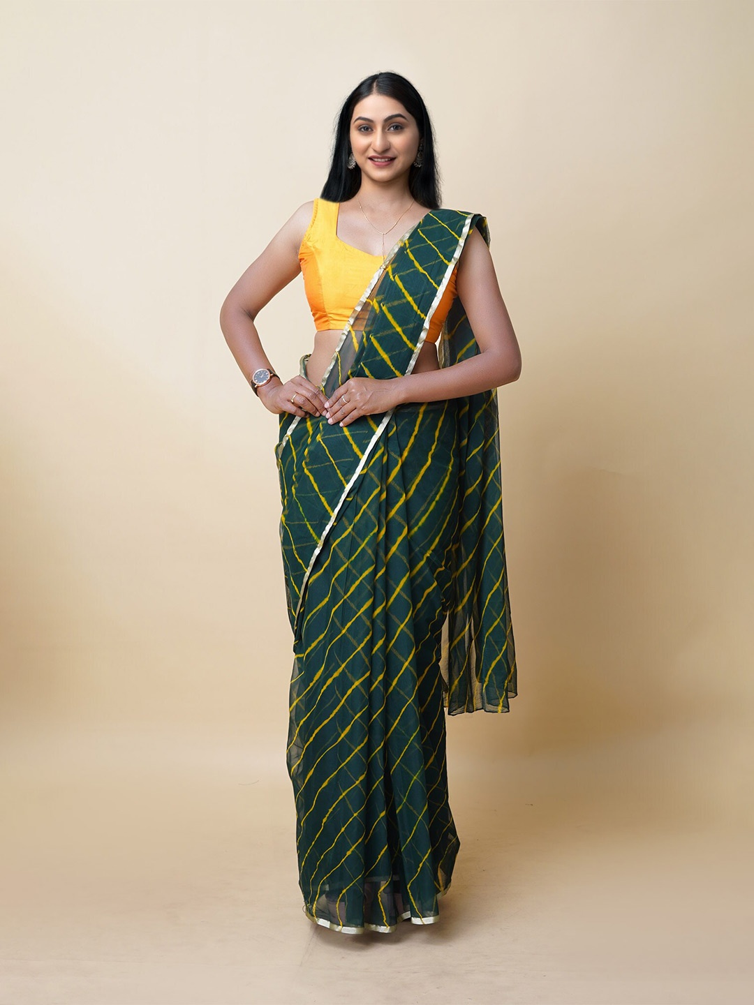 

Unnati Silks Leheriya Printed Zari Leheriya Saree, Green