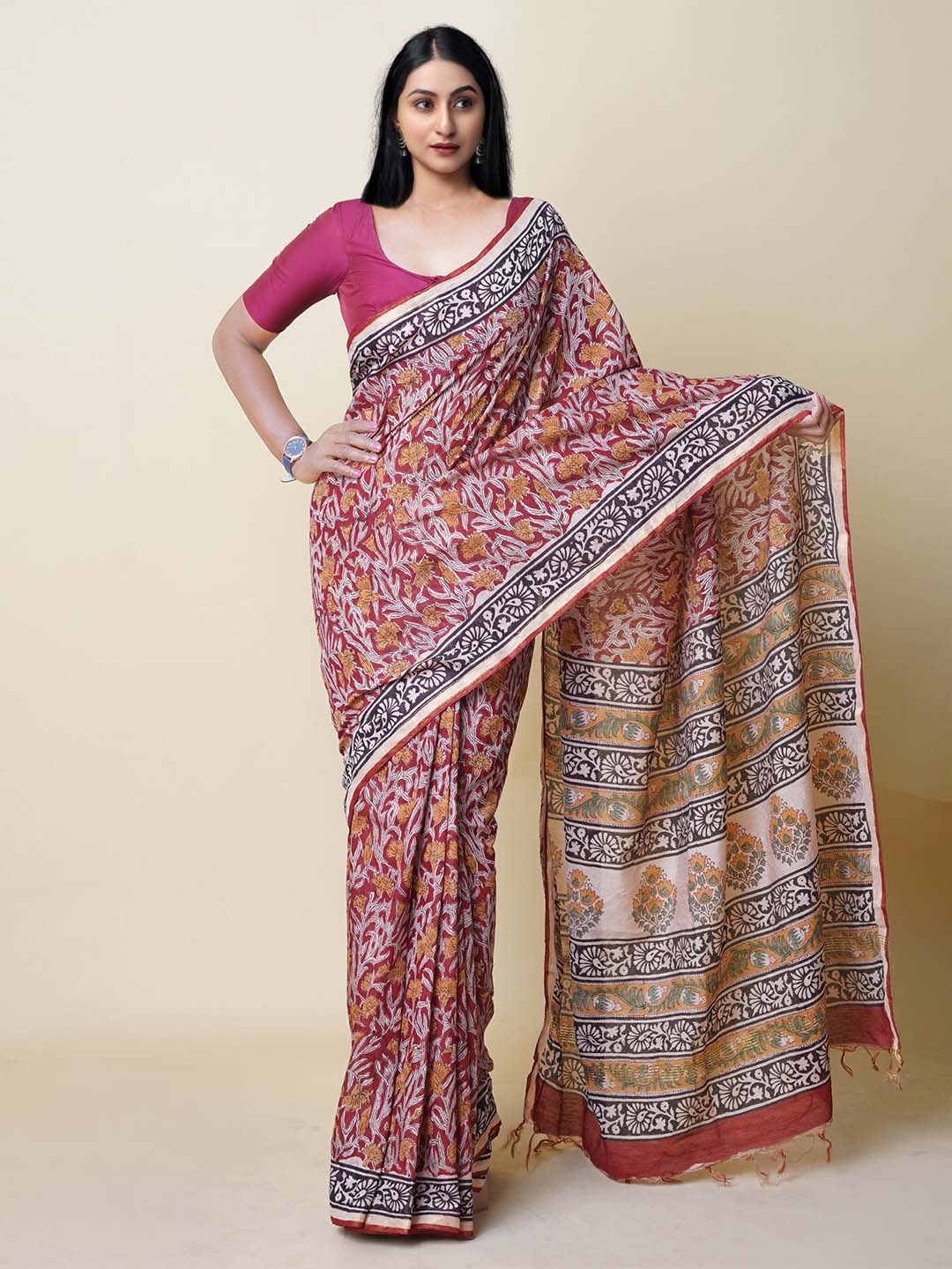 

Unnati Silks Floral Printed Handloom Chanderi Saree, Red