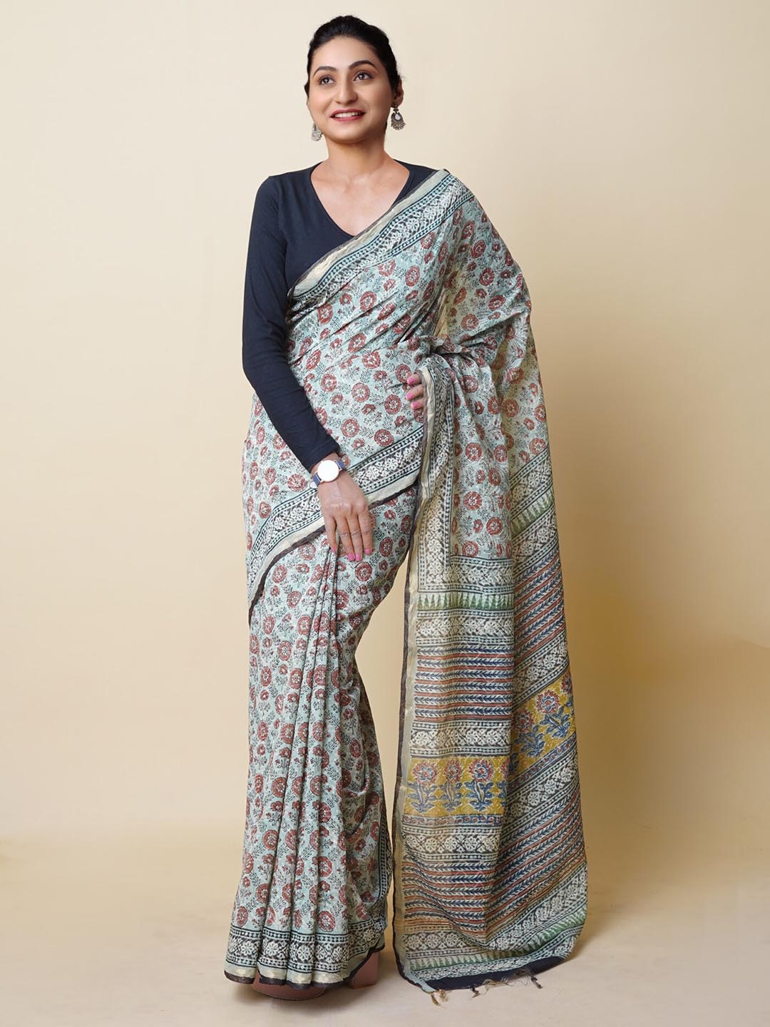 

Unnati Silks Floral Printed Zari Handloom Chanderi Saree, Blue