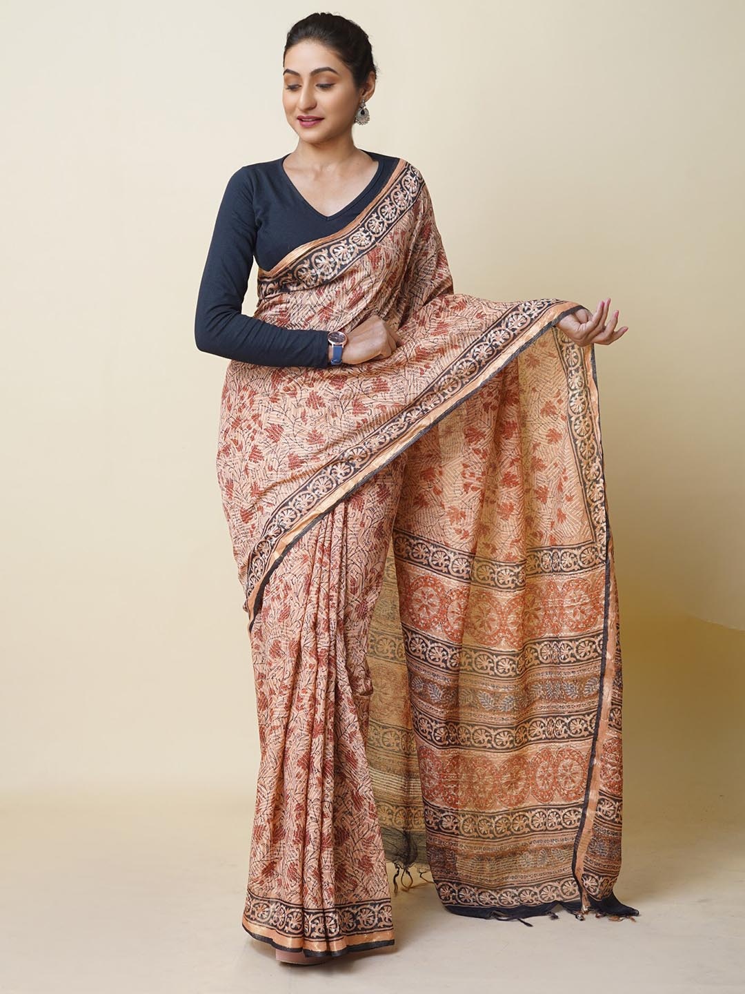 

Unnati Silks Ethnic Motifs Zari Silk Cotton Handloom Chanderi Saree, Brown