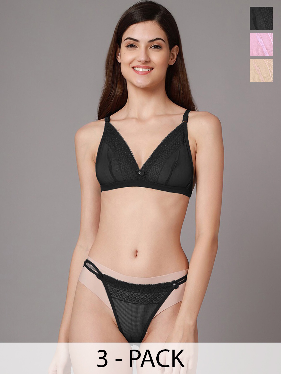 

Aamarsh Pack Of 3 Laced Net Briefs Lingerie Set, Pink