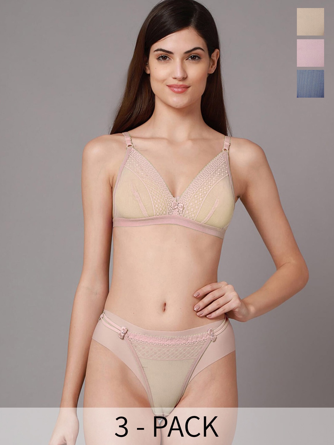 

Aamarsh Pack Of 3 Non Padded Net Lingerie Set, Beige
