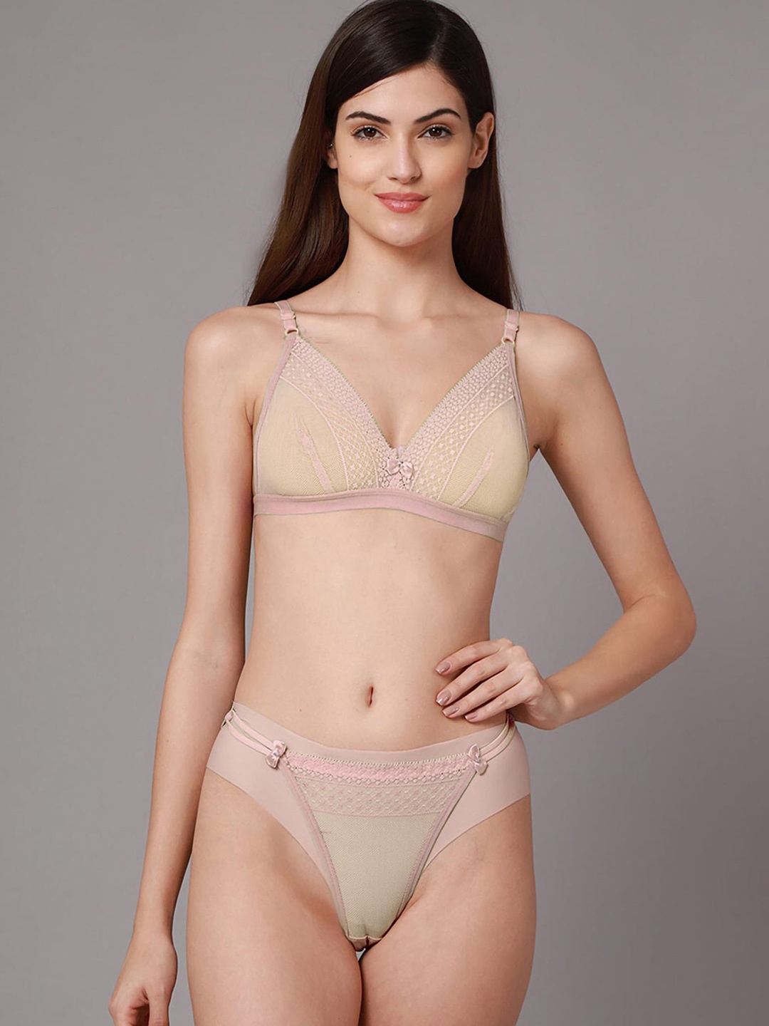

Aamarsh Laced Net Briefs Lingerie Set, Brown
