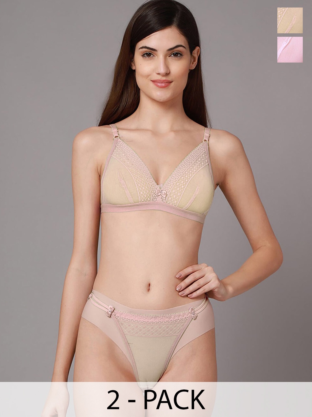 Aamarsh Pack Of 2 Non Padded Net Lingerie Set, Beige