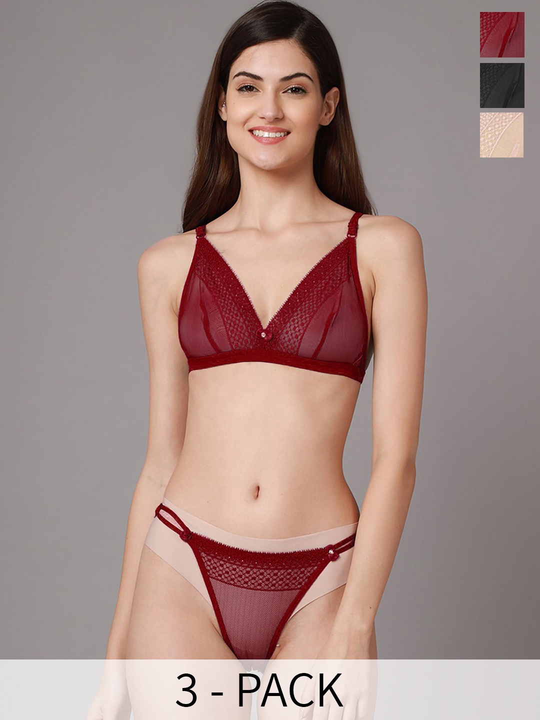 

Aamarsh Pack Of 3 Laced Net Briefs Lingerie Set, Black