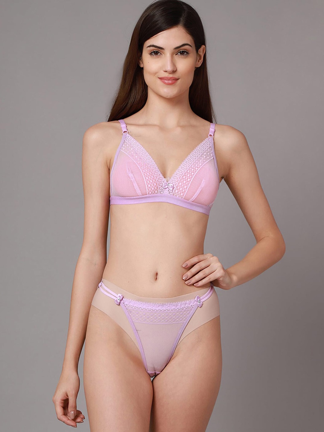 

Aamarsh Mid-Rise Laced Net Briefs Lingerie Set, Pink