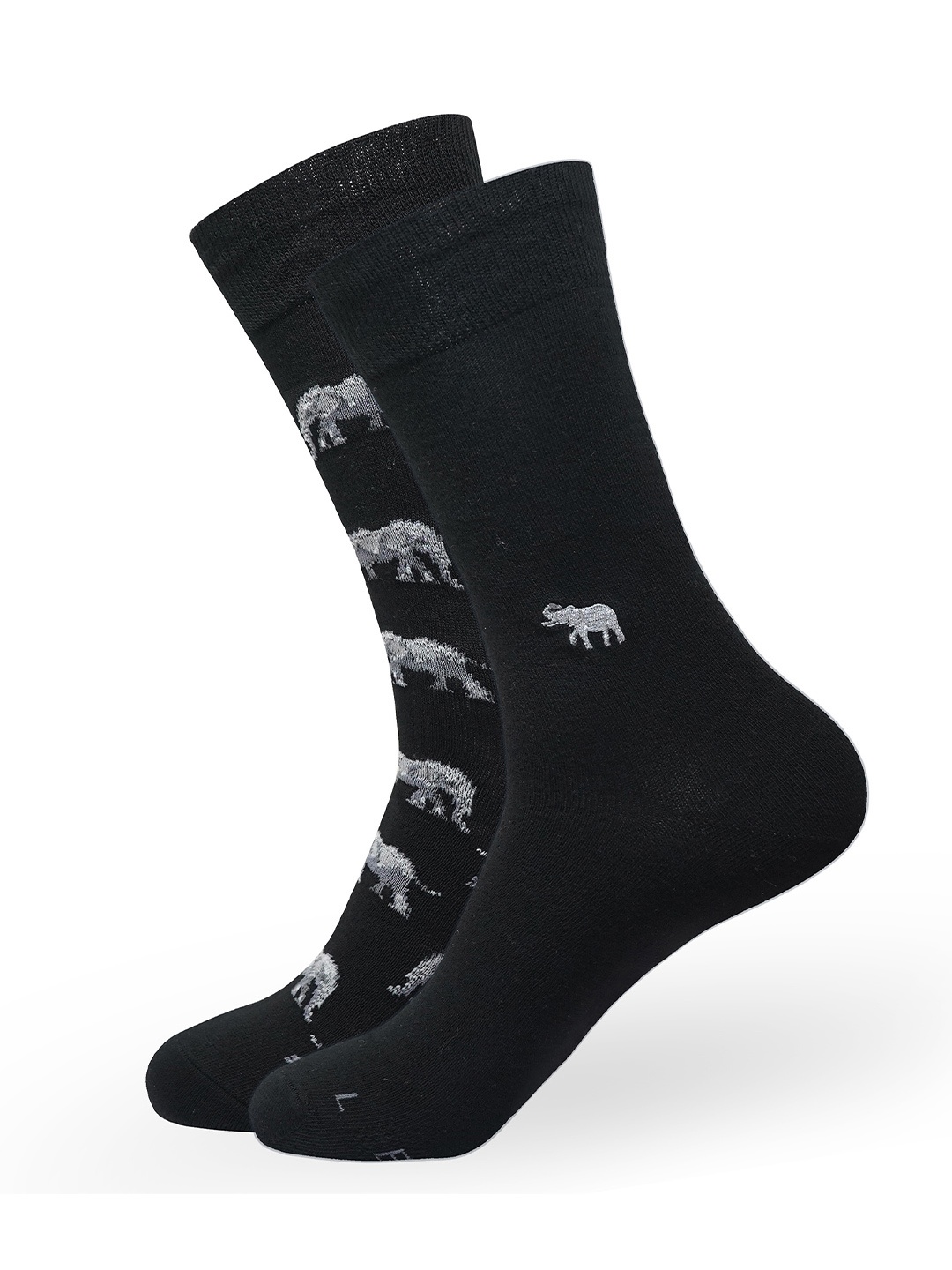 

Balenzia Men Pack Of 2 Elephant Printed Cotton Calf Length Socks, Black