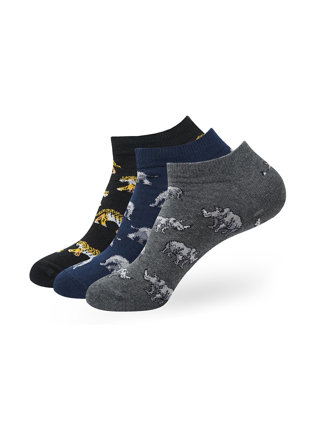 

Balenzia Men Pack Of 3 Animal Printed Cotton Ankle-Length Socks, Navy blue