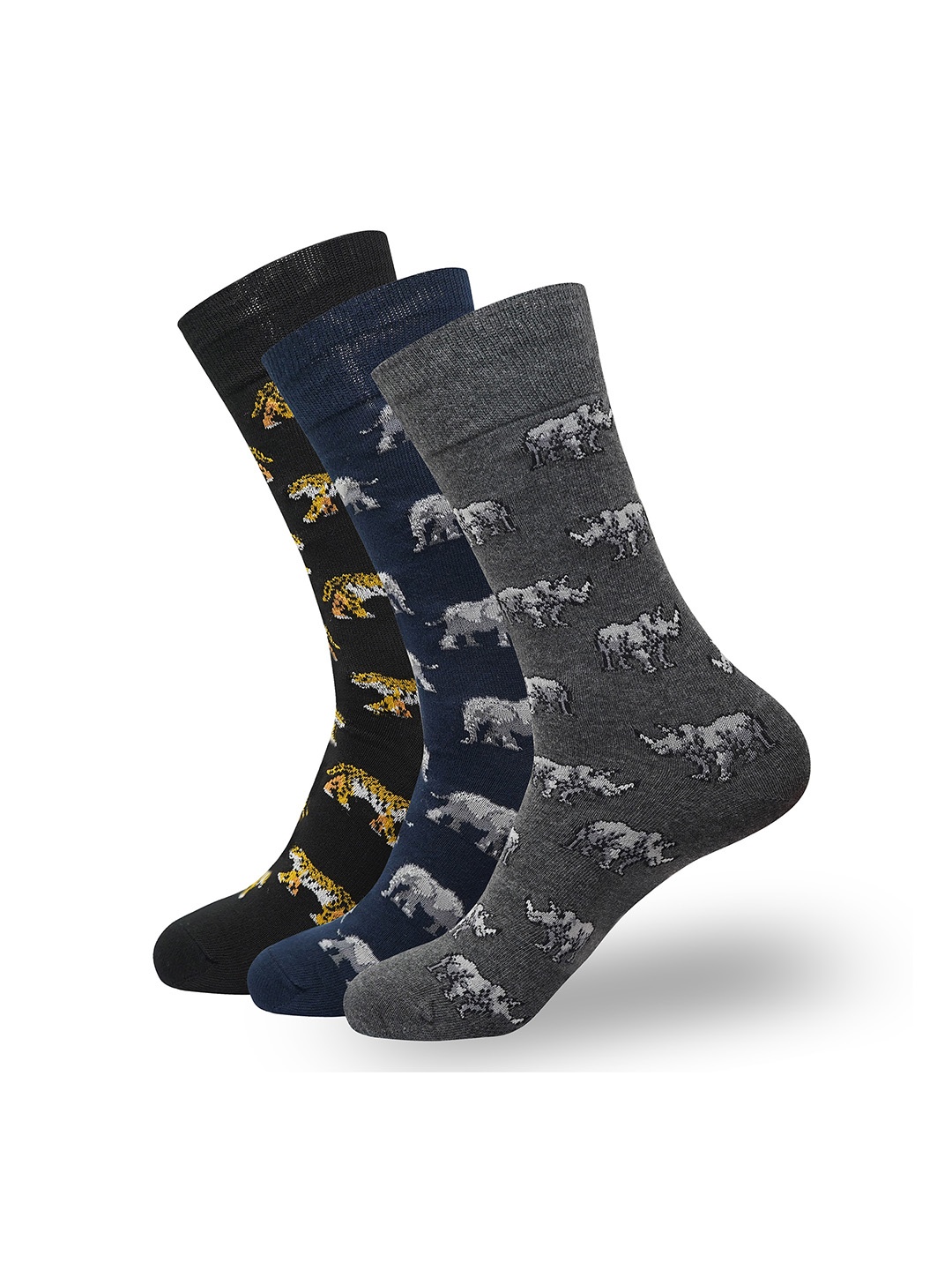 

Balenzia Men Pack Of 3 Animal Printed Cotton Calf-Length Socks, Navy blue