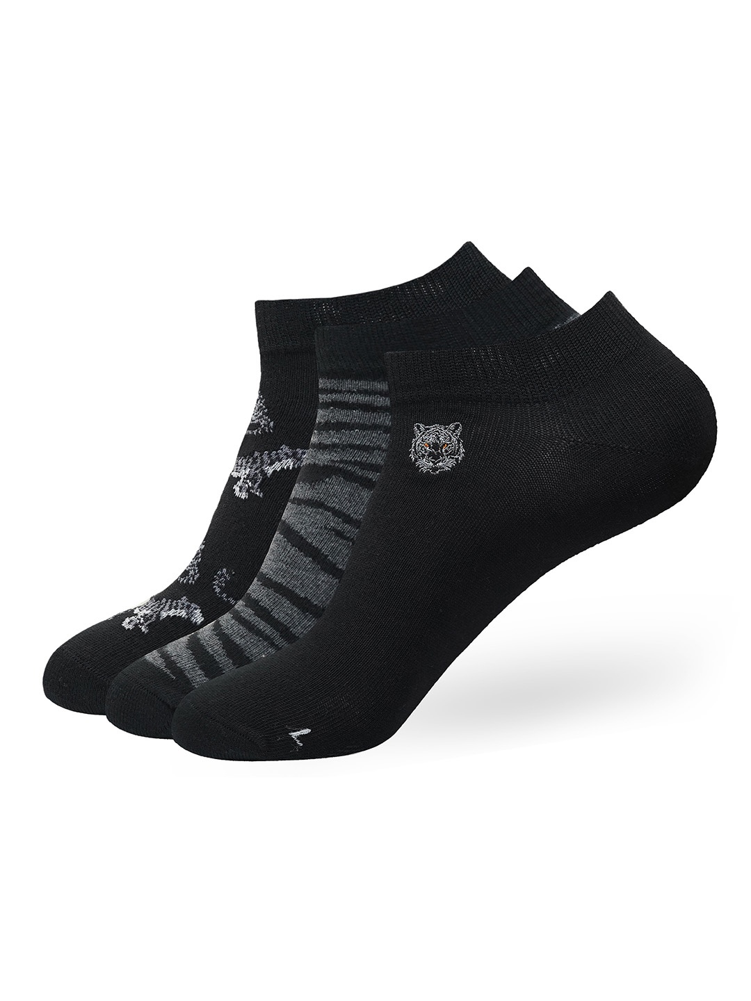

Balenzia Men Pack Of 3 Tiger Printed Ankle Length Socks, Black