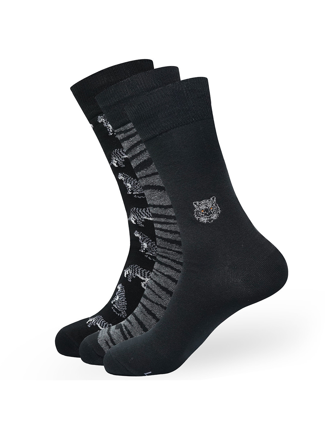 

Balenzia Men Pack Of 3 Tiger Printed Calf-Length Socks, Black