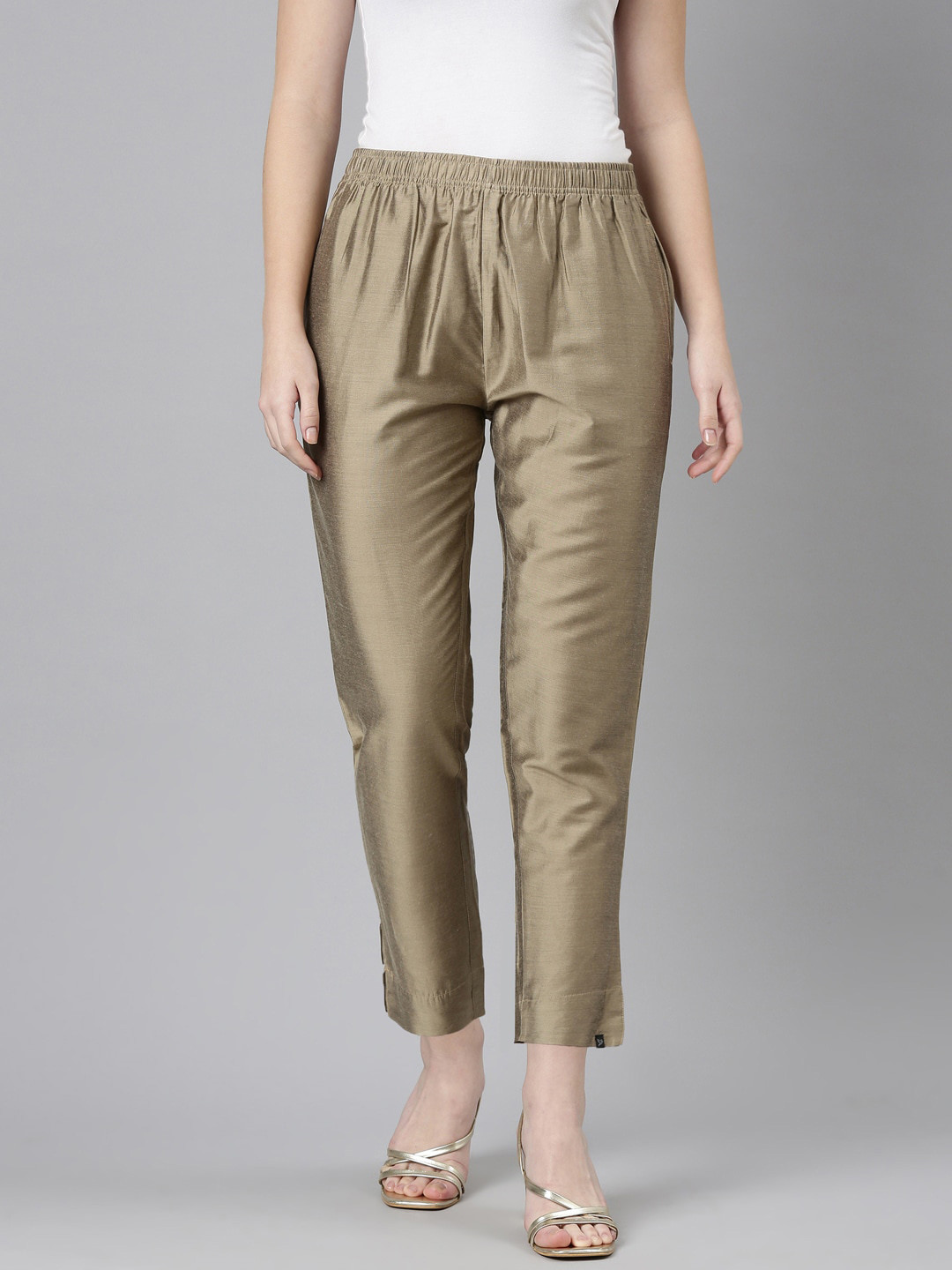 

TWIN BIRDS Women Shimmer Straight Fit Trousers, Beige